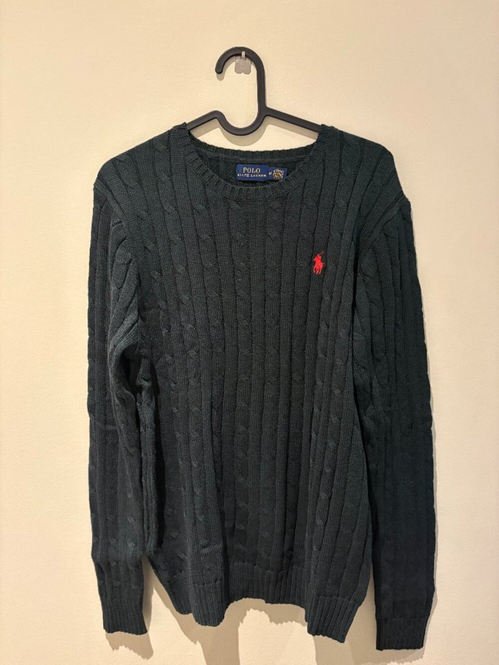 Polo Ralph Lauren Cable Knit Cotton Sweater Dark Green Red Pony